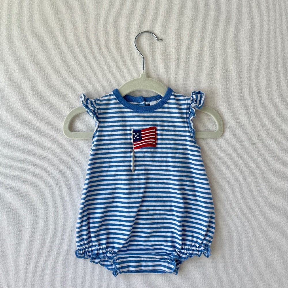Little English Blue and White Striped Baby Bubble with Flag Patch EUC, 3M
